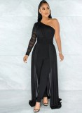 Black Mesh One Shoulder Long Sleeves Ripped Jumpsuit with Belt