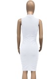 White Turtleneck Sleeveless Ruched Skinny Midi Dress