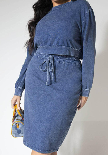 Plus Size Blue O-Neck Long Sleeves Denim Top and High Waist Midi Skirt 2PCS Set