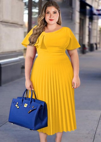 Yellow Short Sleeves Ruffles Pleated Midi Dress