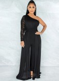 Black Mesh One Shoulder Long Sleeves Ripped Jumpsuit with Belt