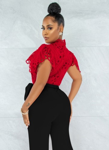 Red Lace High Neck Puff Short Sleeve Hollow Out Shirt