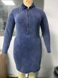 Plus Size Dk-Blue Turndown Collar Long Sleeves Zip Up Mini Denim Dress