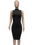 Black Turtleneck Sleeveless Ruched Skinny Midi Dress