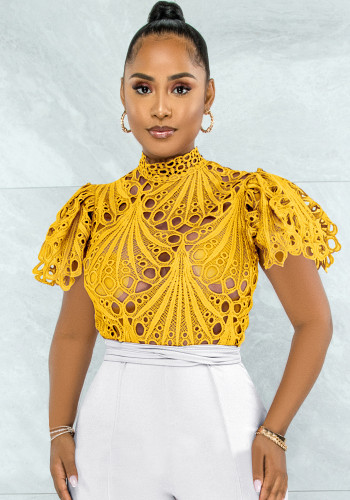 Yellow Lace High Neck Puff Short Sleeve Hollow Out Shirt