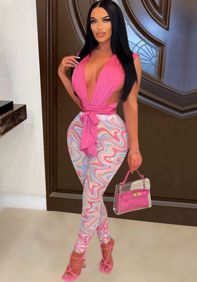 Pink Deep-V Sleeveless Crop Top and Printed Tight Pants 2PCS Set