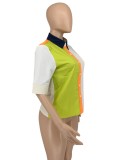 Green Turndown Collar Half Sleeves Color Block Blouse with Pocket