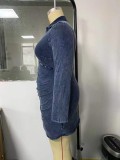 Plus Size Dk-Blue V-Neck Long Sleeves Ruched Mini Denim Dress