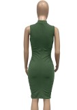 Green Turtleneck Sleeveless Ruched Skinny Midi Dress