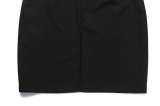 Black V-Neck 3/4 Sleeves Slit Sheath Midi Dress with Belt
