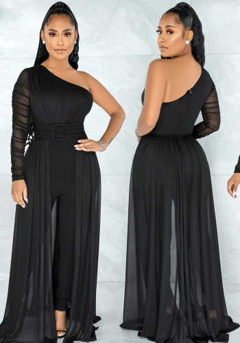 Black Mesh One Shoulder Long Sleeves Ripped Jumpsuit with Belt