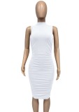 White Turtleneck Sleeveless Ruched Skinny Midi Dress