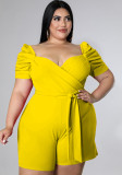 Plus Size Yellow Sweetheart Collar Short Sleeves Jumpsuit with Belt