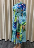 Green Floral Print Turtleneck Long Sleeves A-line Long Dress with Belt