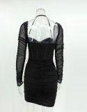 Black Mesh Patchwork Long Sleeves Mini Fitted Bustier Dress