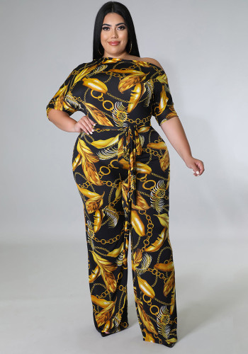 Plus Size Black and Gold Half Sleeves Wide Leg Jumpsuit with Belt