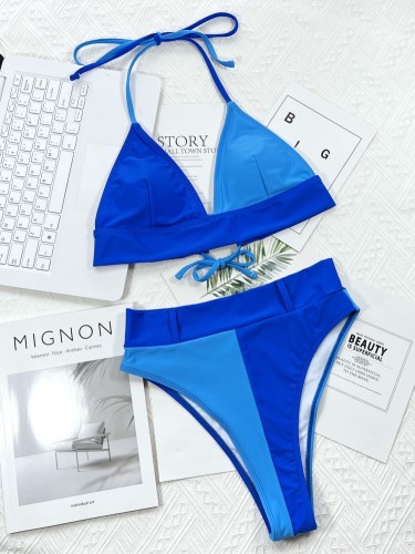 Blue Two Tone Halter Two Piece High Waisted Swimwear