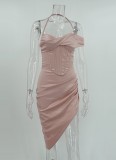 Pink Silk Cami Halter Single Sleeve Irregular Midi Dress