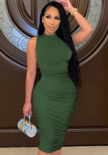 Green Turtleneck Sleeveless Ruched Skinny Midi Dress