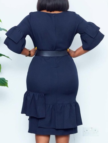 Blue O-Neck Half Sleeves Ruffles Slim Fit Midi Dress