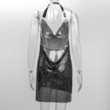 Black Shiny Metallic Halter Sleeveless Split Mini Dress