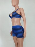 Striped Print Blue and Black Cami Sleeveless Bra and Tight Shorts 2PCS Set