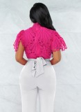 Rose Lace High Neck Puff Short Sleeve Hollow Out Shirt