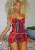Red Print Strapless Bustier Top and Lace Up Mini Skirt 2PCS Set
