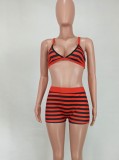 Striped Print Red and Black Cami Sleeveless Bra and Tight Shorts 2PCS Set