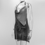 Black Shiny Metallic Halter Sleeveless Split Mini Dress
