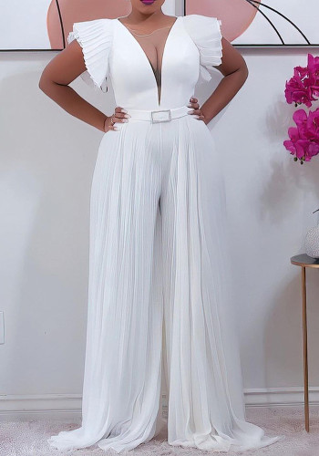 White Deep-V Short Sleeves Beltd Loose Pleated Jumpsuit