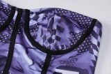 Purple Print Strapless Bustier Top and Lace Up Mini Skirt 2PCS Set