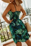 Green V-Neck Sleeveless Leaf Print Cami Mini Blouson Dress