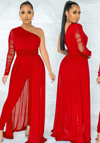 Red Mesh One Shoulder Long Sleeves Ripped Jumpsuit with Belt
