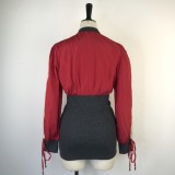 Red O-Neck Long Sleeves Color Block Zip Up Mini Fitted Dress