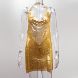 Gold Shiny Metallic Halter Sleeveless Split Mini Dress
