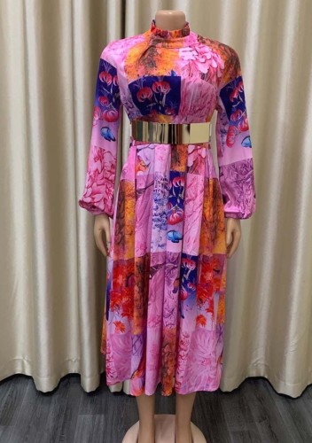 Purple Floral Print Turtleneck Long Sleeves A-line Long Dress with Belt