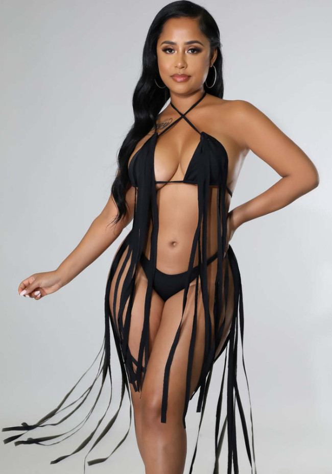 Plus Size Black Fringe Cami Halter Bikini Two Piece Set