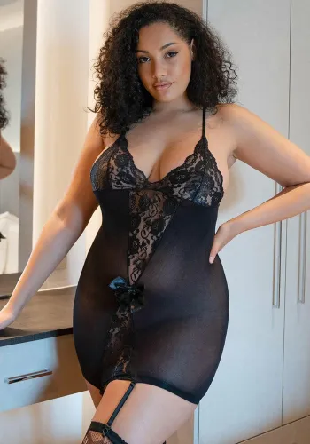 Black Floral Lace V-Neck Cami Garter Sleepwear 2PCS Set