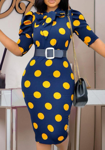 Yellow Dot Print Blue Bow Half Sleeves Belted Slinky Midi Dress