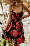 Black and Red V-Neck Sleeveless Floral Print Cami Mini Sundress