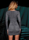 Grey Square Neck Long Sleeves Ruched Mini Fitted Dress