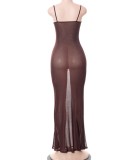 Brown Mesh Cami Sleeveless Bodycon Maxi Dress