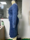 Plus Size Blue O-Neck Long Sleeves Denim Top and High Waist Midi Skirt 2PCS Set