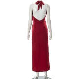 Red Dripped Collar Halter Sleeveless Slit Long Dress