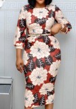 Red O-Neck 3/4 Sleeves Floral Print Sheath Long Dress with Belt