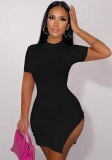 Black O-Neck Short Sleeves Slit Mini Fitted Dress
