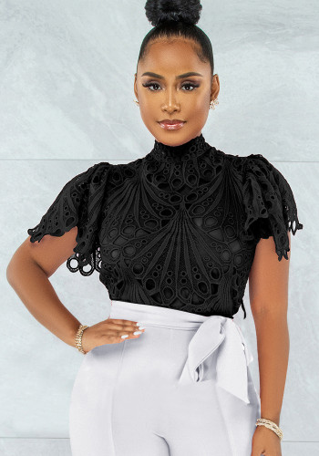 Black Lace High Neck Puff Short Sleeve Hollow Out Shirt