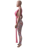 Pink Deep-V Sleeveless Crop Top and Printed Tight Pants 2PCS Set