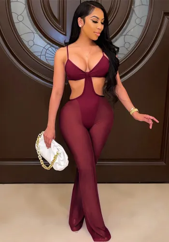 Burgunry V-Neck Sleeveless Patchwork Mesh Cut Out Cami Jumpsuit
